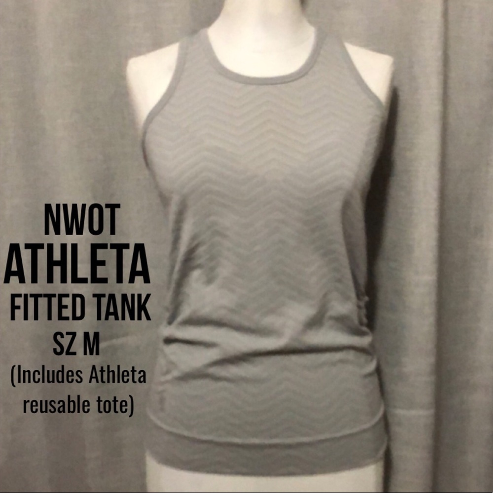 NWOT-Athleta Tank & Free Reusable Tote-M-Fitted-Herringbone in Light Blue/Gray